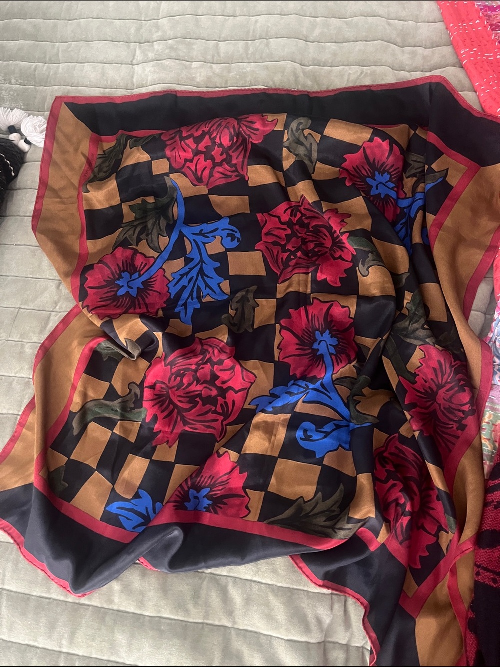 Floral Checkerboard Silk Scarf in Black, Brown, Red & Blue